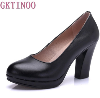 Genuine Leather shoes Women Round Toe Pumps Sapato feminino High Heels Shallow Fashion Black Work Shoe Plus Size 33-43