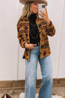 Geometrische Buttondown Jas - maat L Bruin