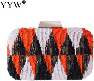 Geometrische Cluch Tas Vrouwen Wedding Handtas Contrast Kleur Avond Party Bruid Purse Kralen Wedding Koppelingen Desinger Handtas oranje