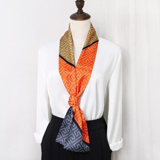 Geometrische Gedrukt Vrouwen Multifunctionele Carrière Kleding Decoratie Kleine Smalle Geïmiteerd Zijde Halsdoek Tie Lange Sjaal oranje en blauw