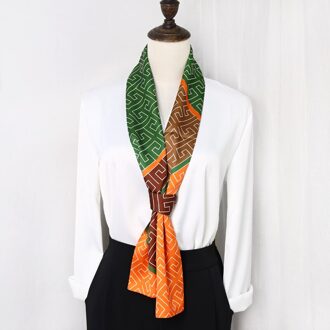 Geometrische Gedrukt Vrouwen Multifunctionele Carrière Kleding Decoratie Kleine Smalle Geïmiteerd Zijde Halsdoek Tie Lange Sjaal oranje en groen