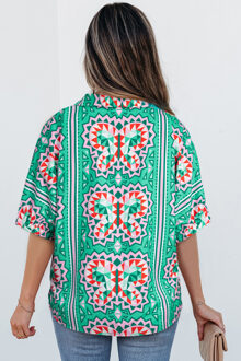 Geometrische Print Korte Mouwen Blouse Donkergroen