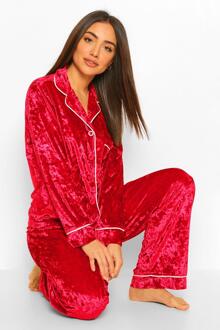 Geplet Fluwelen Pyjama Set Met Knopen, Red - 34