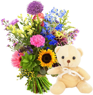 Geplukte bloemen + knuffelbeertje