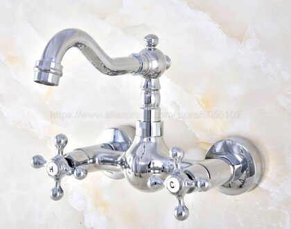 Gepolijst Chroom Dual Cross Handles Wall Mounted & Cold Badkamer Kitchen Sink Basin Swivel Kraan Mengkraan znf577