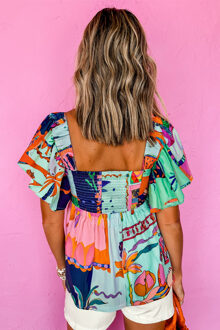 Geprint Vierkante Hals Korte Mouwen Top Lichtblauw