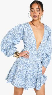 Geprinte Linnen-Look Diepe V-Hals Mini-Jurk Met Lange Mouwen, Light Blue - 36