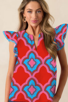 Geprinte Pompom Bies Top Rood