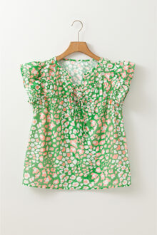 Geprinte Striknek Flutter Mouw Top Groen