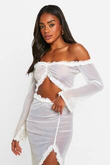 Gerafelde Mesh Bardot Top Met Lange Mouwen, White - 40
