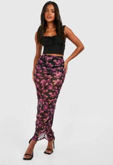Gerafelde Mesh Maxi-Rok Met Bloemenprint, Black - 34