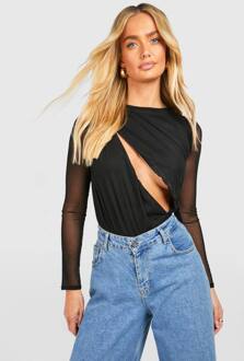 Gerafelde Mesh One Piece Met Cut-Out En Lange Mouwen, Black - 36