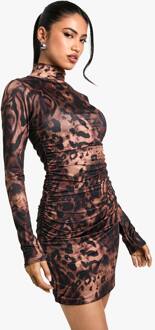 Gerafelde Slinky Minijurk Met Hoge Hals En Luipaardprint, Leopard - 36