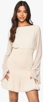 Geraffelde Taille, Lange Mouwen, Rucherende Zoom, Mini-Jurk, Cream - 38