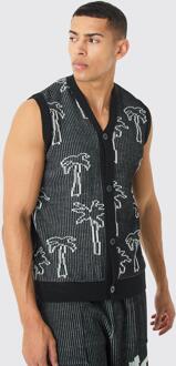 Geribbeld Gebreid Palm Print Hemd Met Knopen, Black