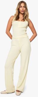Geribbeld Henley Met Knoop, Mouwloze Tank En Rechte Pijp Broek Co-Ord, Lemon - 44