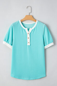 Geribbeld Henley T-shirt met Korte Mouwen Turquoise