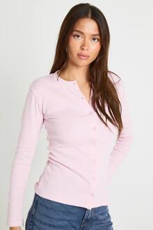 Geribbeld Top Met Lange Mouwen En Knoopsluiting, Baby Pink - 34