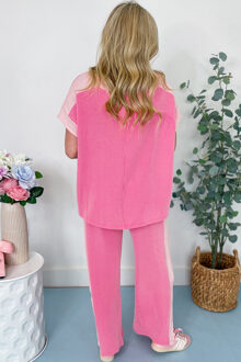 Geribbelde Brei Wijde Pantalon Set Roze