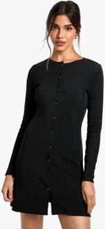 Geribbelde Button Down Smock Mini Jurk, Black - 40