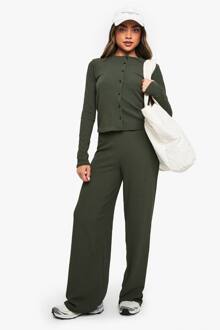 Geribbelde Cardigan En Broek Met Wijde Pijpen Co-Ord, Khaki - 40