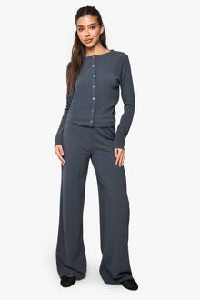 Geribbelde Cardigan En Wijde Broek Co-Ord, Charcoal - 40