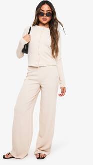 Geribbelde Cardigan En Wijde Pijpbroek Co-Ord, Ecru - 38