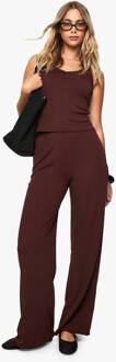 Geribbelde Dikke Binding V-Hals Tank Top En Rechte Pijp Broek Co-Ord, Chocolate - 42
