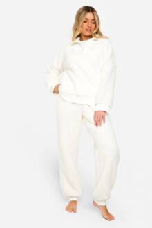 Geribbelde Fleece Half-Zip En Jogger Loungewear Set, Cream - 38