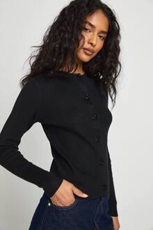 Geribbelde Gebreide Cardigan Met Hoge Hals En Knoopsluiting, Black - XL