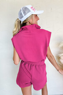Geribbelde gebreide korte jumpsuit Fuchsia