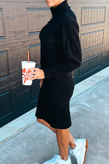 Geribbelde Gebreide Kwart Rits Jurk Zwart