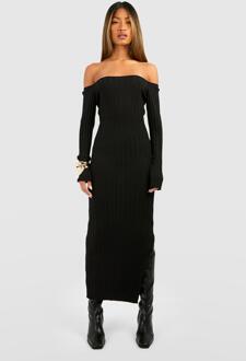 Geribbelde Gebreide Off Shoulder Maxi Jurk, Black - 38