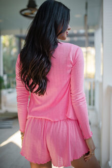 Geribbelde Gebreide Pyjama Set met Golfrand Roze