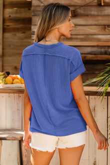 Geribbelde Gebreide T-shirt met Korte Mouwen - maat M Middelblauw