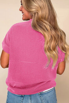 Geribbelde Gebreide T-shirt met Korte Mouwen - maat XL Klaproos