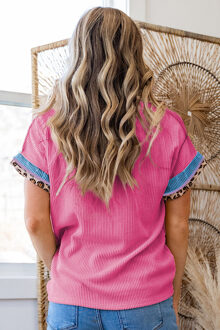 Geribbelde Gebreide Top met Dierenafwerking Stoffig Roze