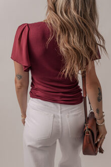 Geribbelde Gebreide V-hals Top met Flutter Mouwen Blouse Donkerrood