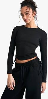 Geribbelde Gerafelde Top Met Zijstrik En Lange Mouwen, Black - 44