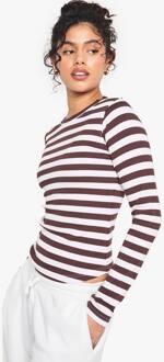 Geribbelde Gestreepte Top Met Lange Mouwen, Brown - 44