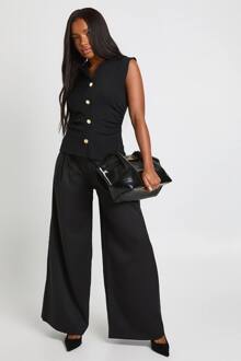 Geribbelde Gouden Top Met Capmouwen En Knoopdetails, Black - 36