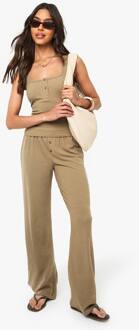 Geribbelde Henley-Knoop Mouwloze Tanktop En Coörd Met Rechte Broek, Khaki - 44