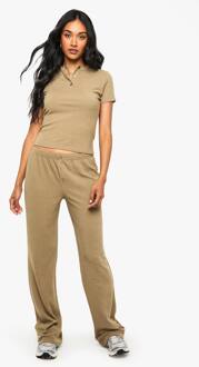 Geribbelde Henley Met Knoopjes, Korte Mouwen Top En Broek Met Rechte Pijpen Co-Ord, Khaki - 38