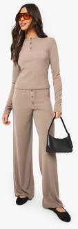 Geribbelde Henley Met Knoopjes, Lange Mouwen Top En Bijpassende Set Met Rechte Pijpenbroek, Mocha - 42