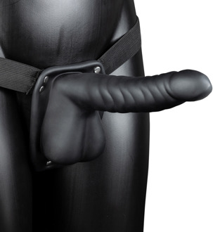 Geribbelde Hollow Strap-On met Ballen - 8 / 21 cm - Zwart