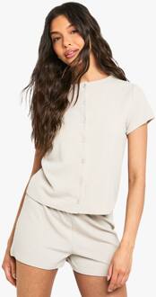 Geribbelde Korte Mouw Top Met Knopen En Shortset, Ecru - 42
