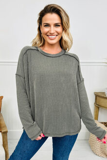 Geribbelde Langemouw Top Salie Groen