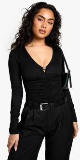 Geribbelde One Piece Met Diepe V-Hals En Voorzijde Afwerkingsdetails, Black - 38