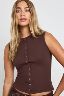 Geribbelde Popper Top Met Geïntegreerde Hals En Lange Snit, Chocolate - 42