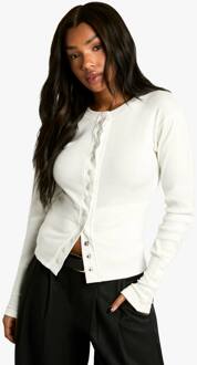 Geribbelde Popper Top Met Getailleerde Taille En Lange Mouwen, Ecru - 44